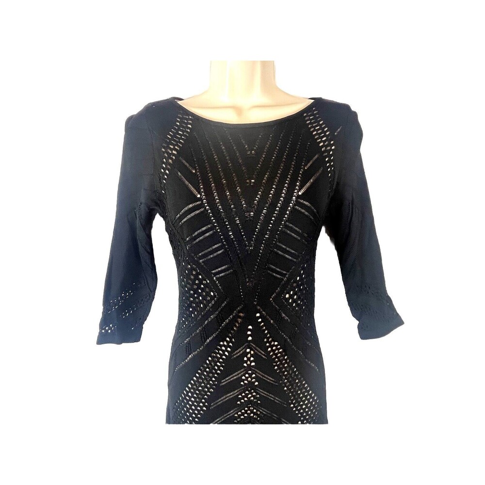 Crochet Knit stretch Bodycon Dress sz Small 3/4 Sleeve Lined Black Calvin Klein